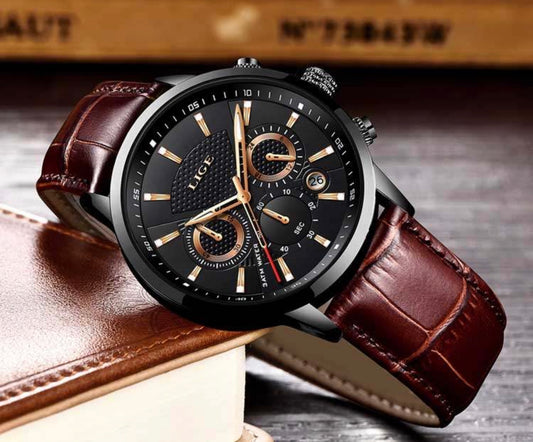 Aura Lux Chronograph LIGE  Mahogany  Dark Brown Leather Watch with Crocodile Mahogany Design