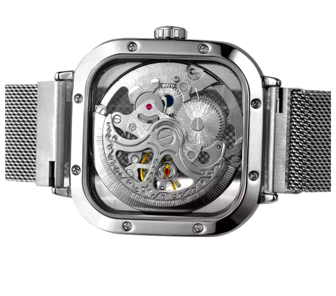 Stylish Men's Silver Automatic Mechanical Steampunk Mesh Watch - Ideal Gift Choice"