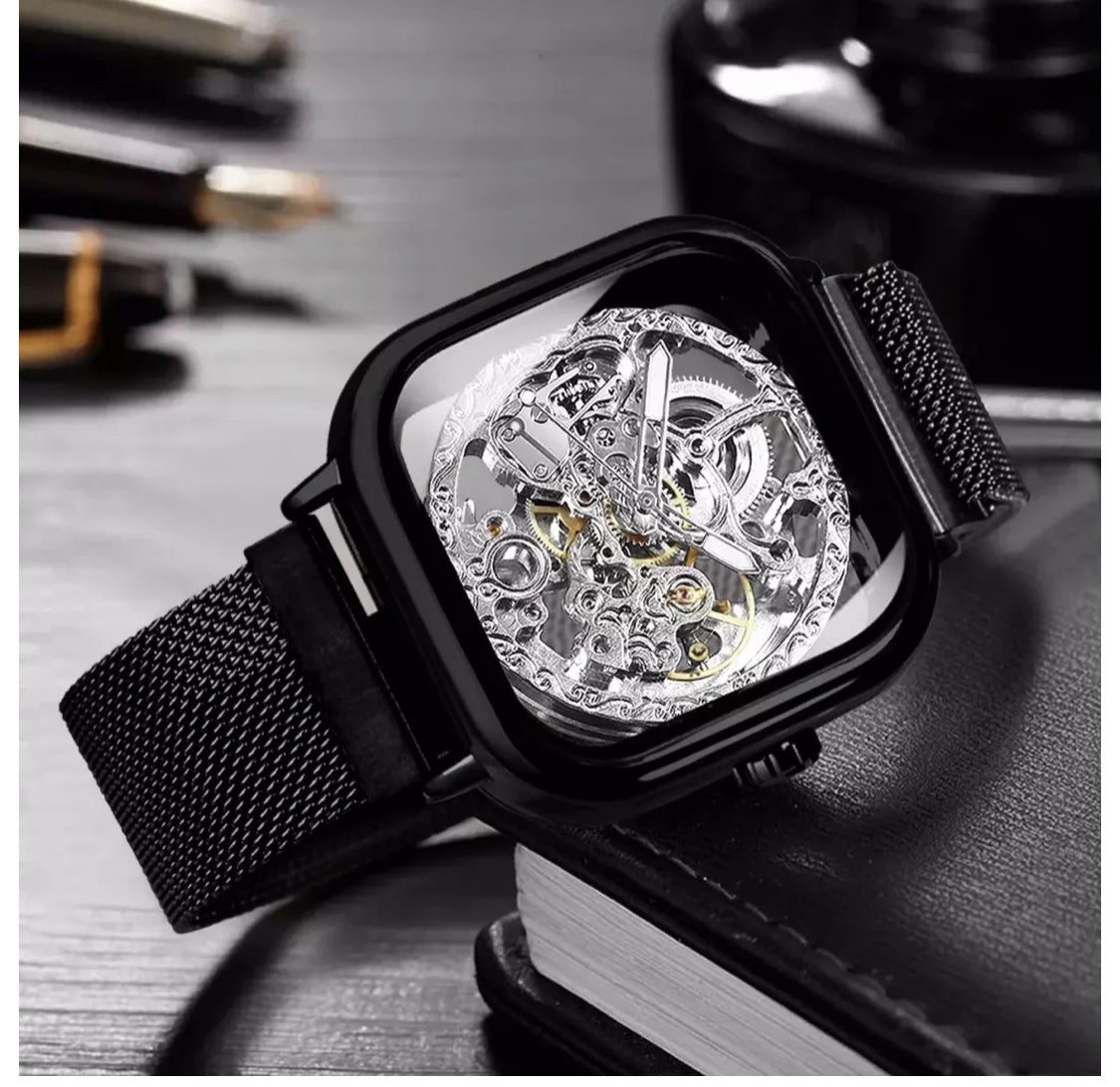 Stylish Men's Black Automatic Mechanical Steampunk Mesh Watch - Ideal Gift Choice