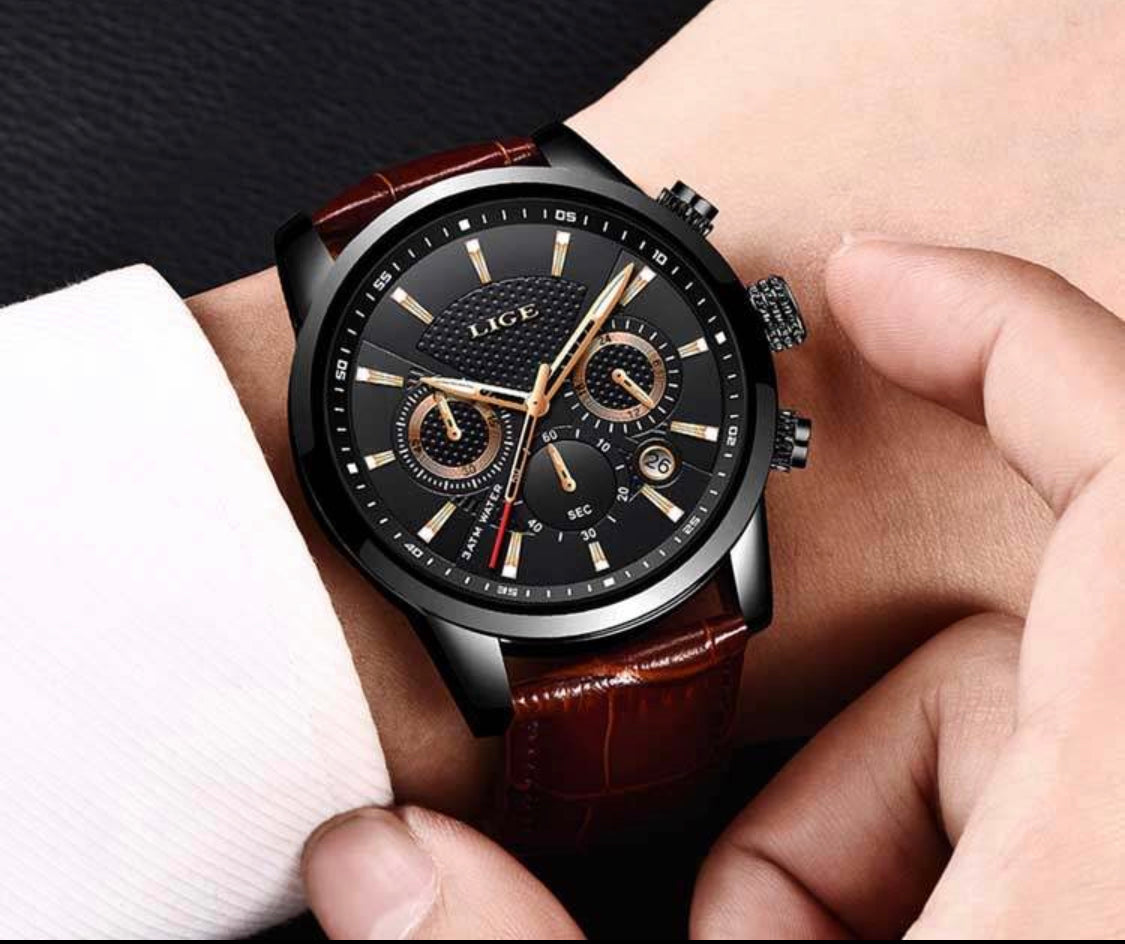 Aura Lux Chronograph LIGE  Mahogany  Dark Brown Leather Watch with Crocodile Mahogany Design