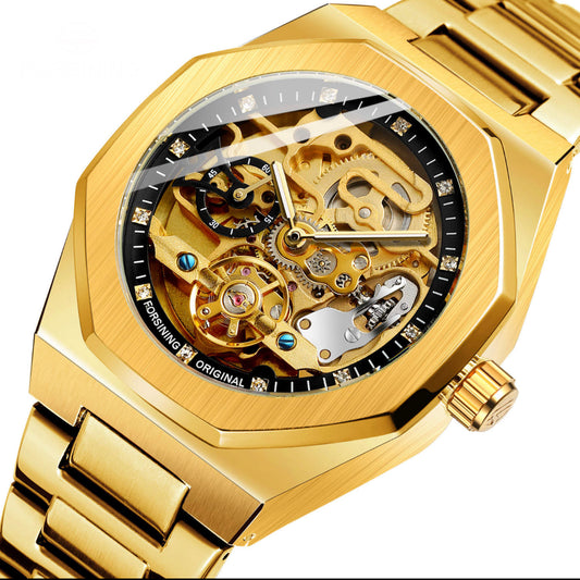 Mens Mechanical skeleton watch- Gold Stainless steel perpetual rotor- wind- reinforce glass