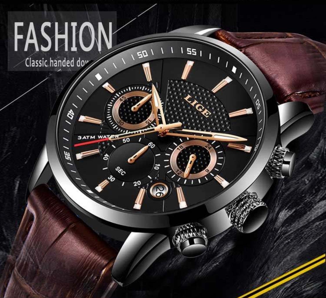 Aura Lux Chronograph LIGE  Mahogany  Dark Brown Leather Watch with Crocodile Mahogany Design