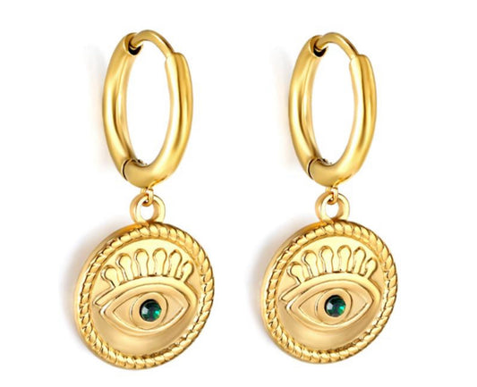 All seeing eye Hoop drop earrings
18k gold
Hoop dangling earrings
Green zirconia pupil