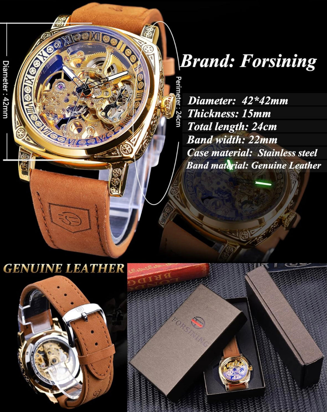 Mens mechanical watch leather wristband light brown genuine leather