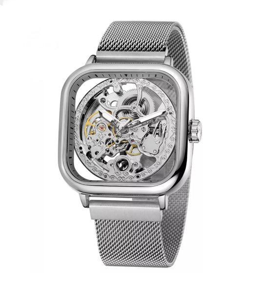 Stylish Men's Silver Automatic Mechanical Steampunk Mesh Watch - Ideal Gift Choice"