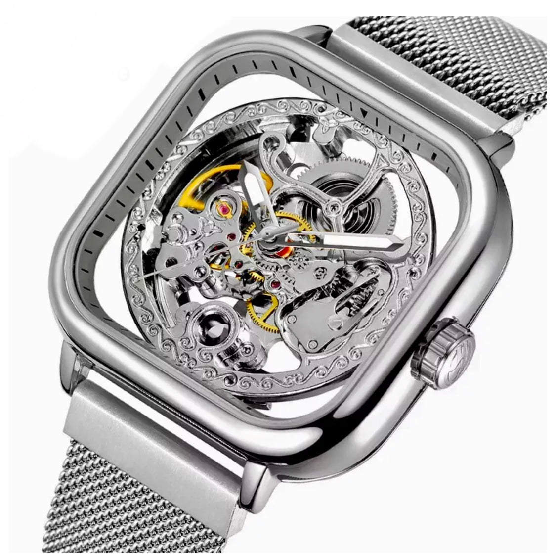 Stylish Men's Silver Automatic Mechanical Steampunk Mesh Watch - Ideal Gift Choice"