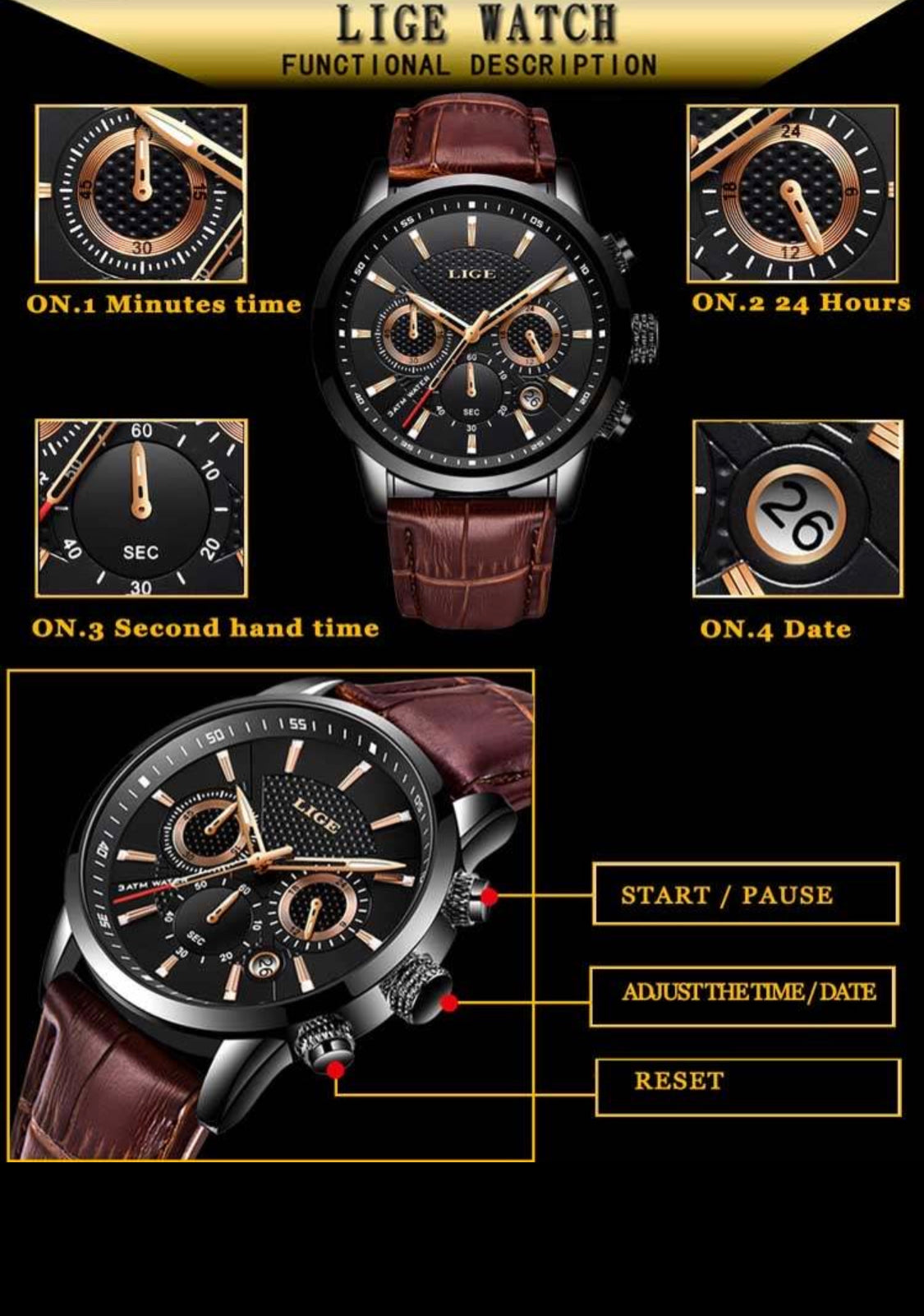 Aura Lux Chronograph LIGE  Mahogany  Dark Brown Leather Watch with Crocodile Mahogany Design