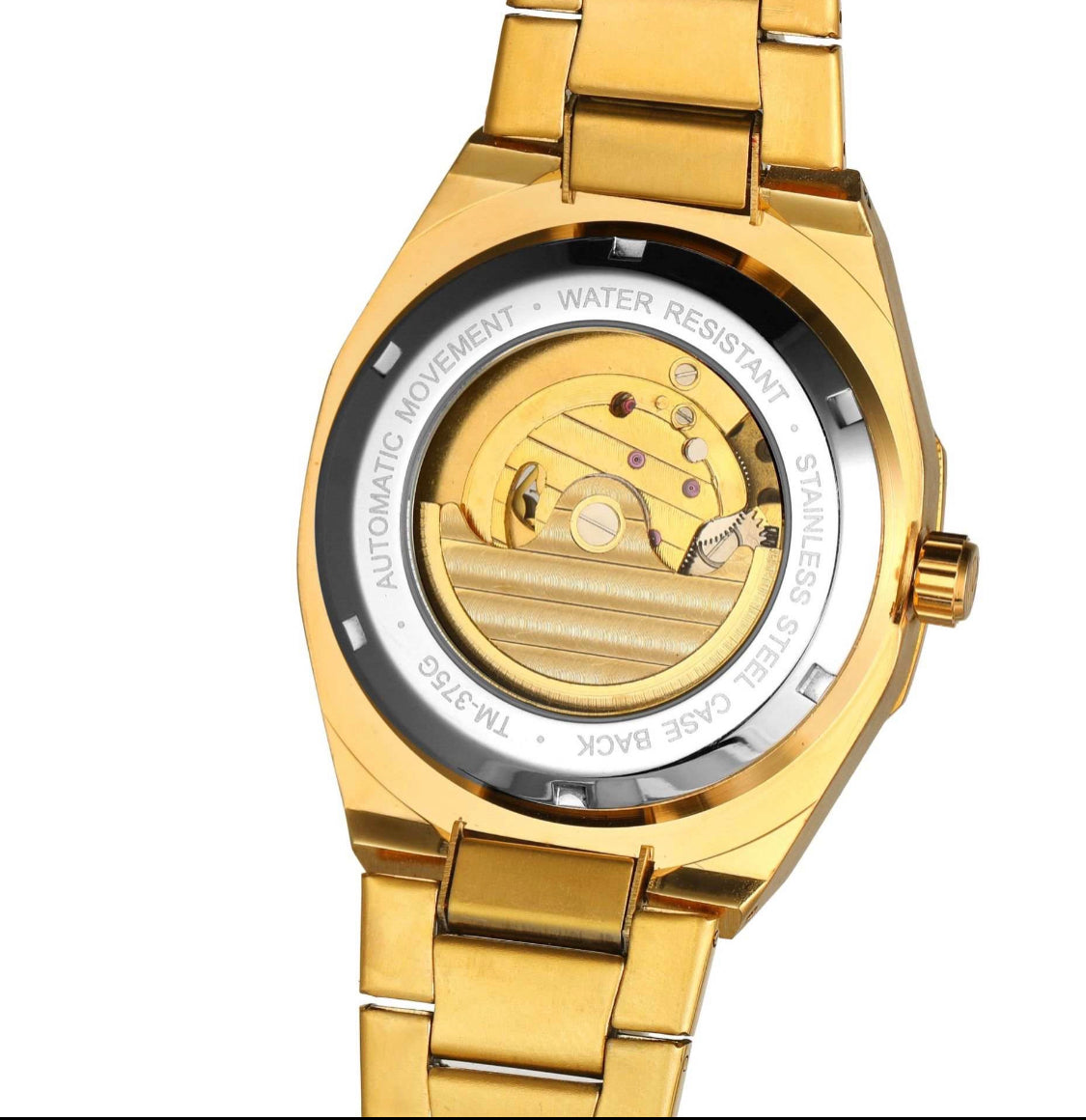 Mens Mechanical skeleton watch- Gold Stainless steel perpetual rotor- wind- reinforce glass