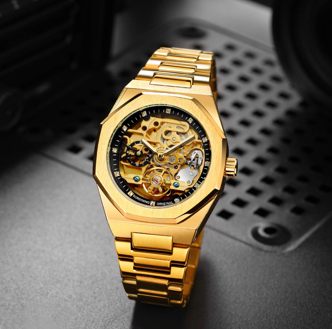 Mens Mechanical skeleton watch- Gold Stainless steel perpetual rotor- wind- reinforce glass