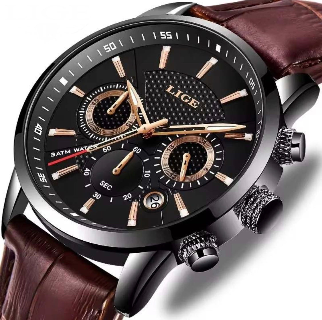 Aura Lux Chronograph LIGE  Mahogany  Dark Brown Leather Watch with Crocodile Mahogany Design