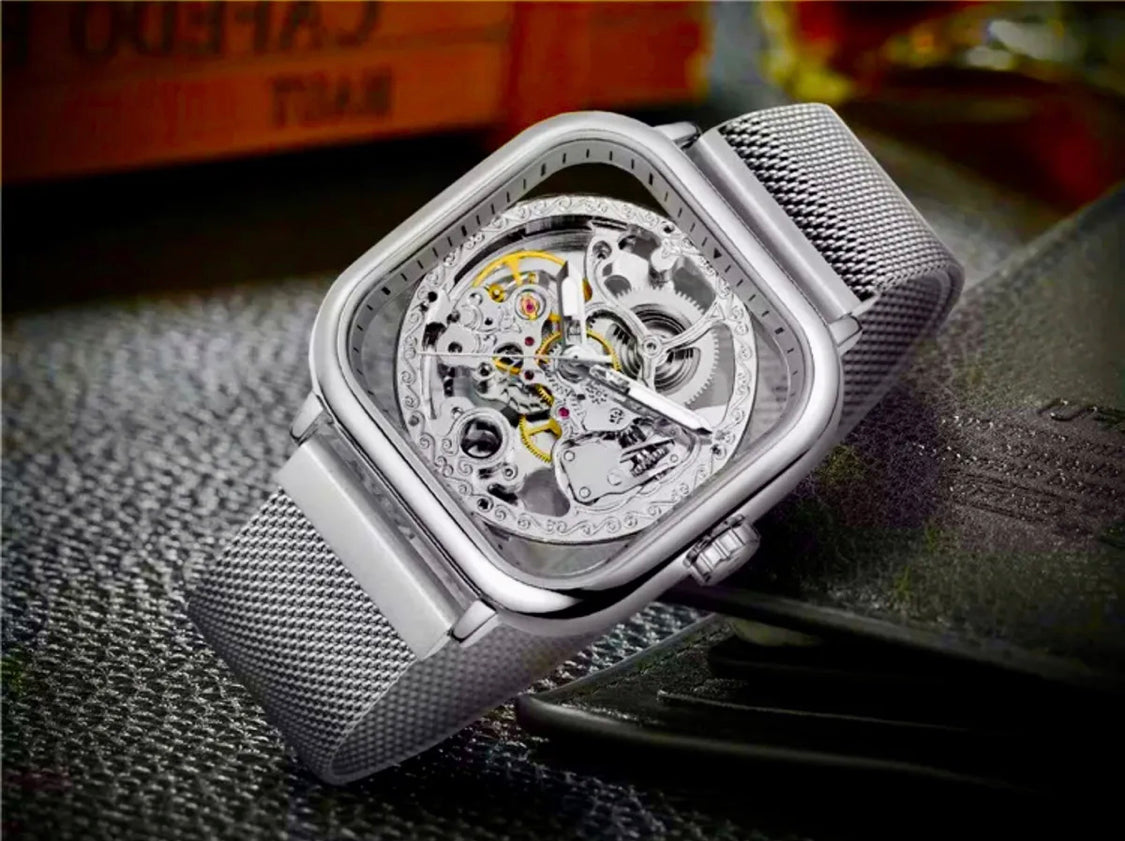 Stylish Men's Silver Automatic Mechanical Steampunk Mesh Watch - Ideal Gift Choice"