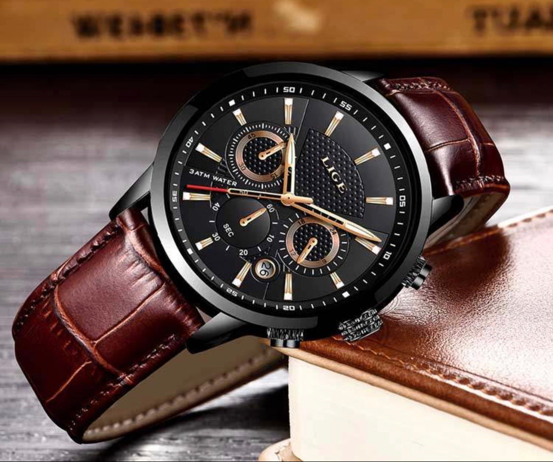 Aura Lux Chronograph LIGE  Mahogany  Dark Brown Leather Watch with Crocodile Mahogany Design