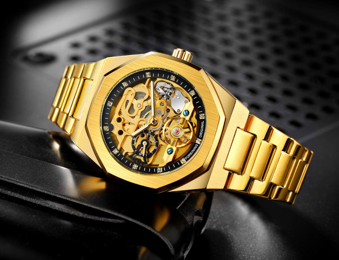 Mens Mechanical skeleton watch- Gold Stainless steel perpetual rotor- wind- reinforce glass