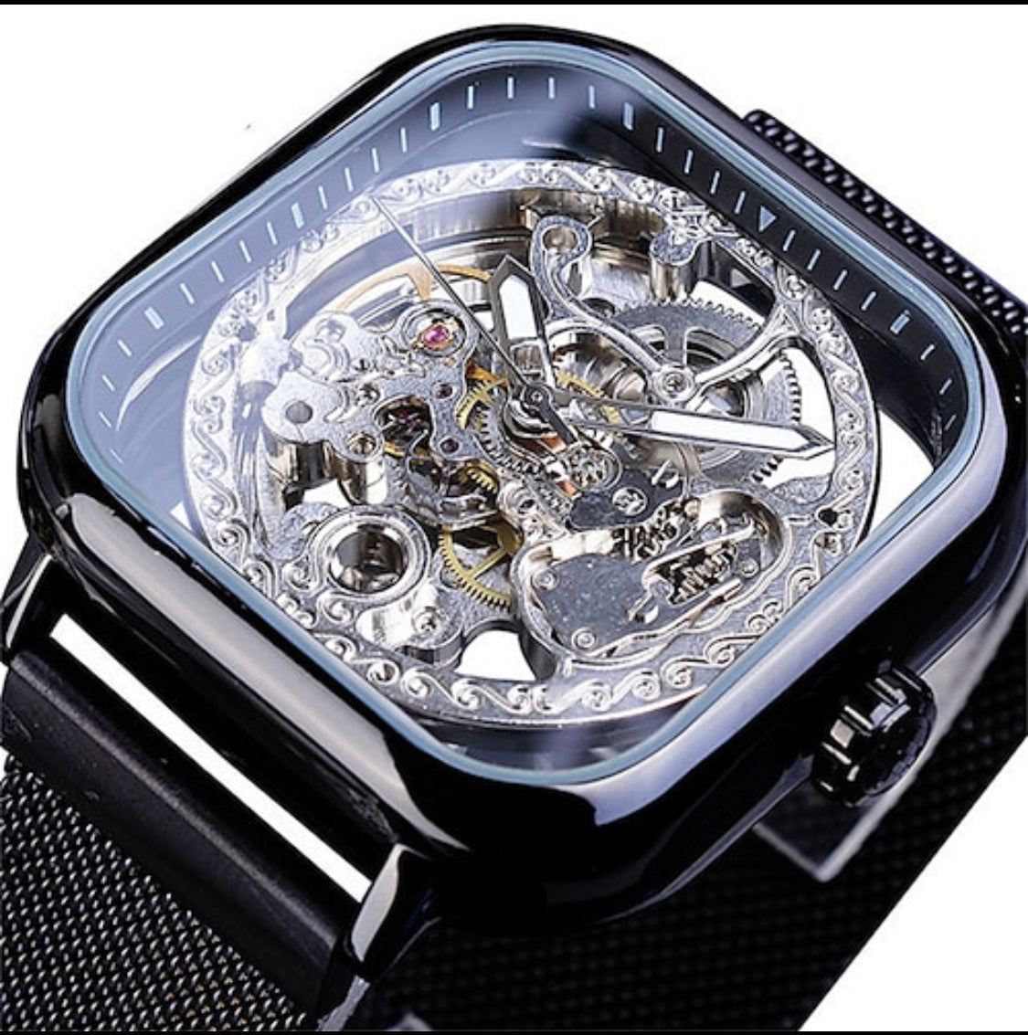 Stylish Men's Black Automatic Mechanical Steampunk Mesh Watch - Ideal Gift Choice