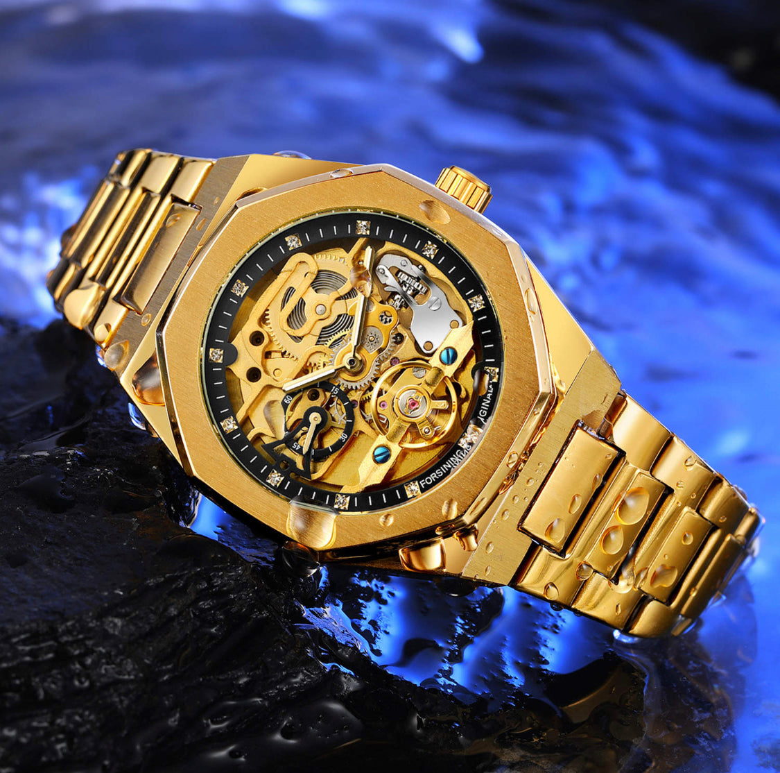 Mens Mechanical skeleton watch- Gold Stainless steel perpetual rotor- wind- reinforce glass