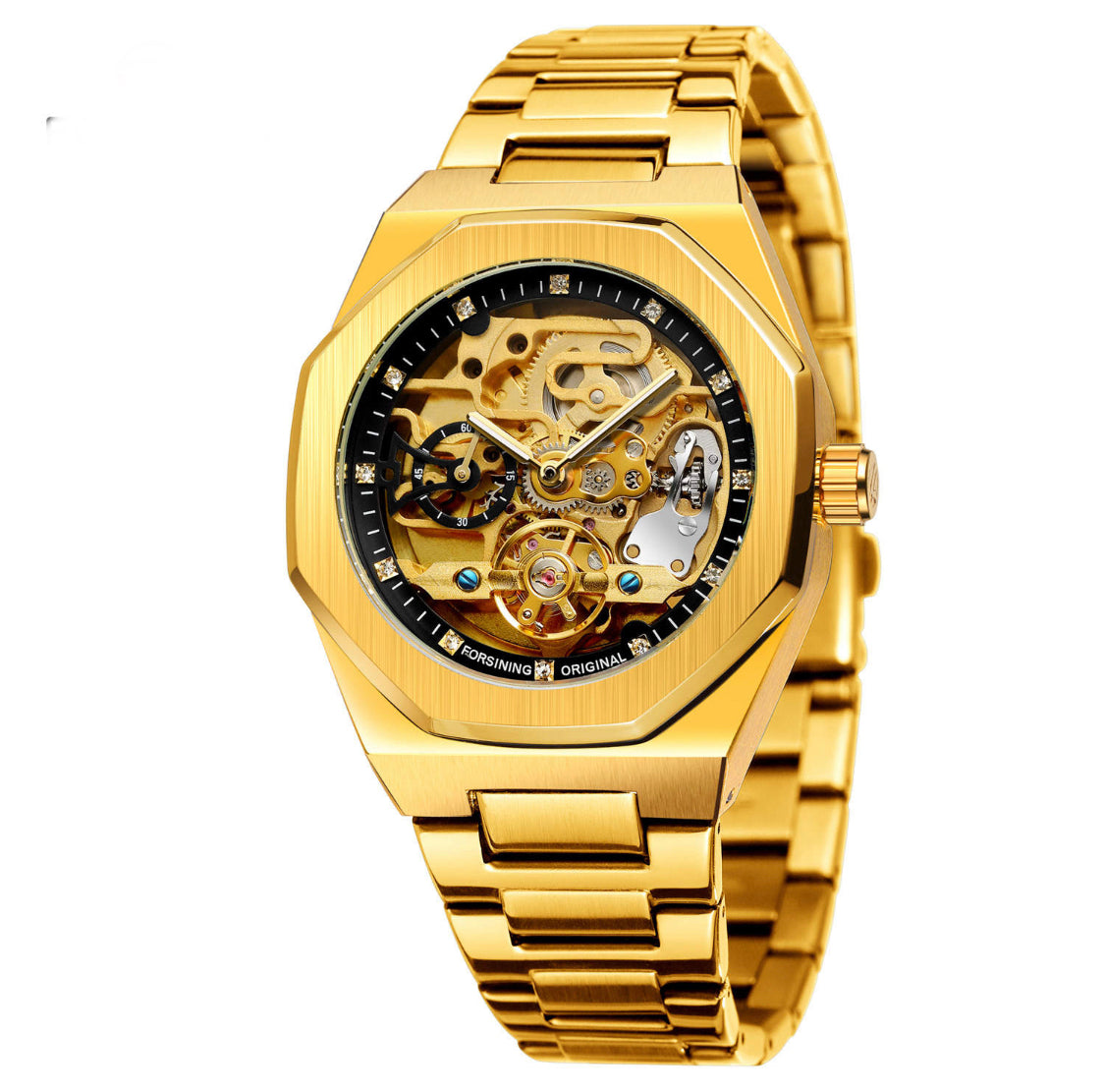 Mens Mechanical skeleton watch- Gold Stainless steel perpetual rotor- wind- reinforce glass