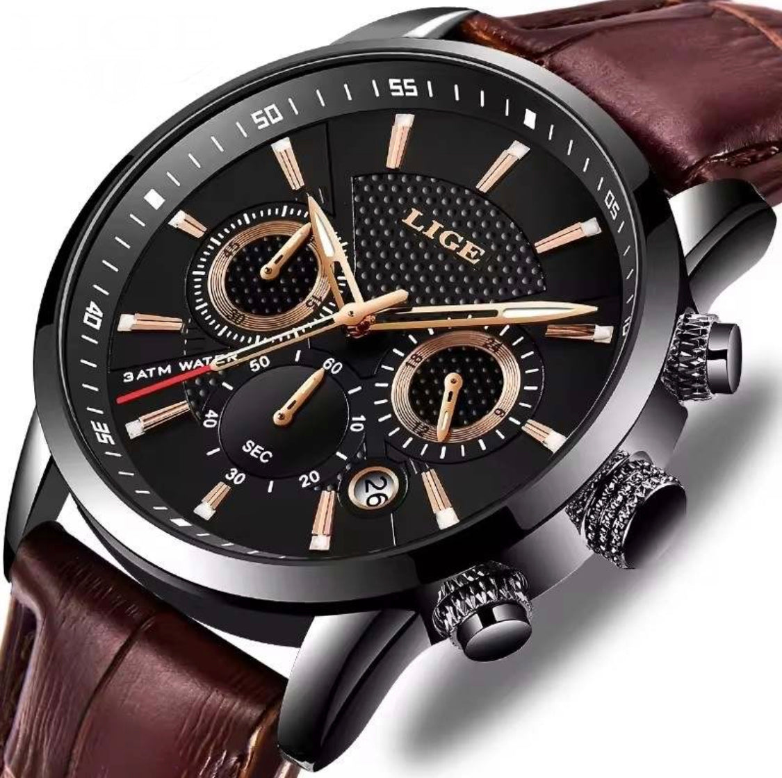 Aura Lux Chronograph LIGE  Mahogany  Dark Brown Leather Watch with Crocodile Mahogany Design