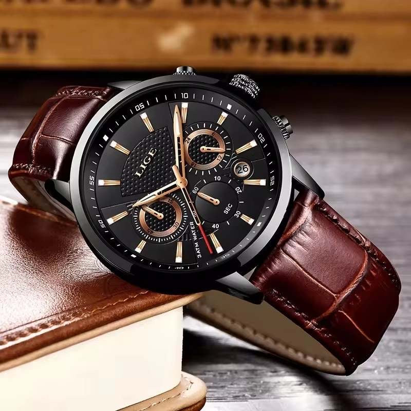 Aura Lux Chronograph LIGE  Mahogany  Dark Brown Leather Watch with Crocodile Mahogany Design