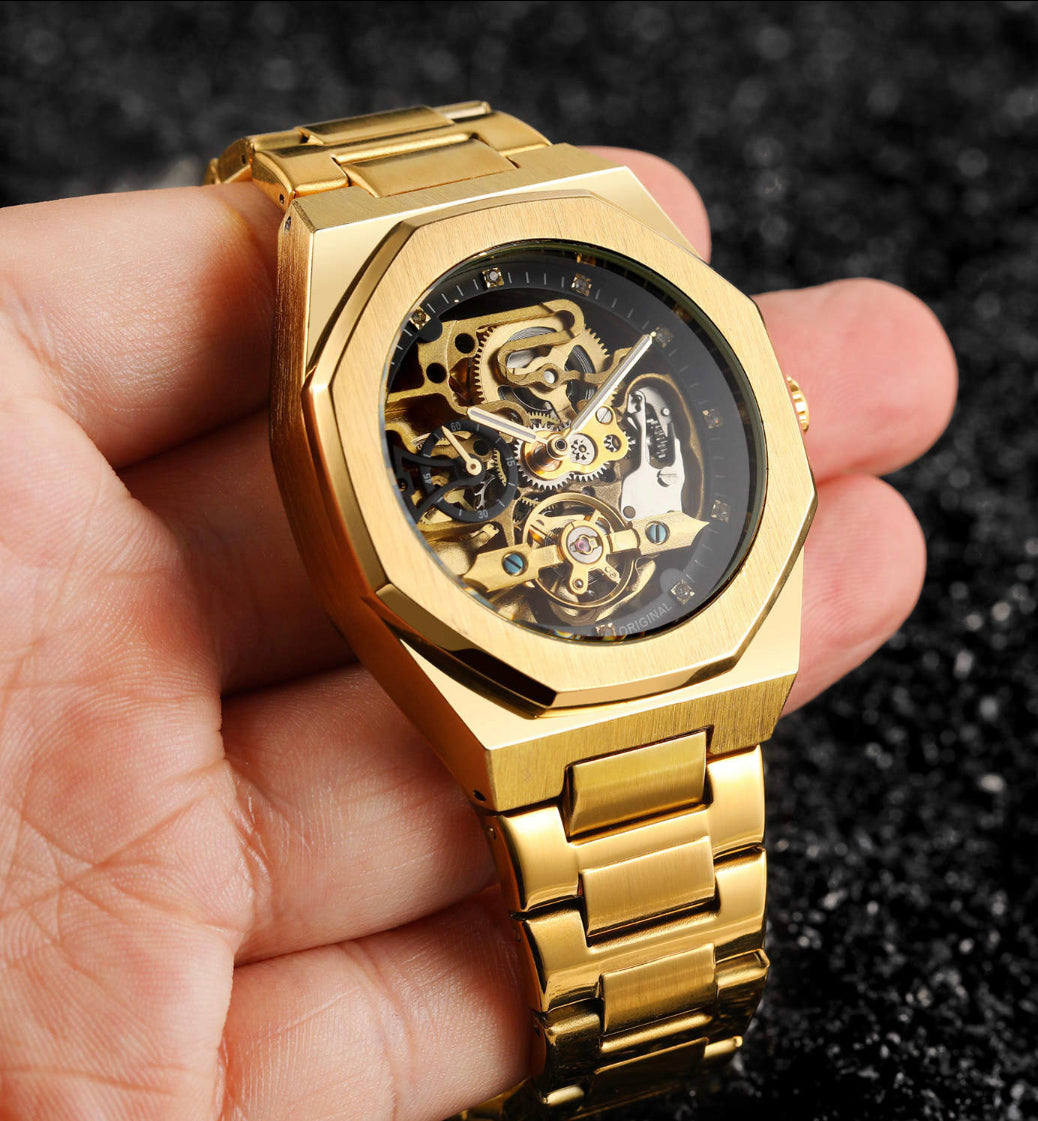 Mens Mechanical skeleton watch- Gold Stainless steel perpetual rotor- wind- reinforce glass